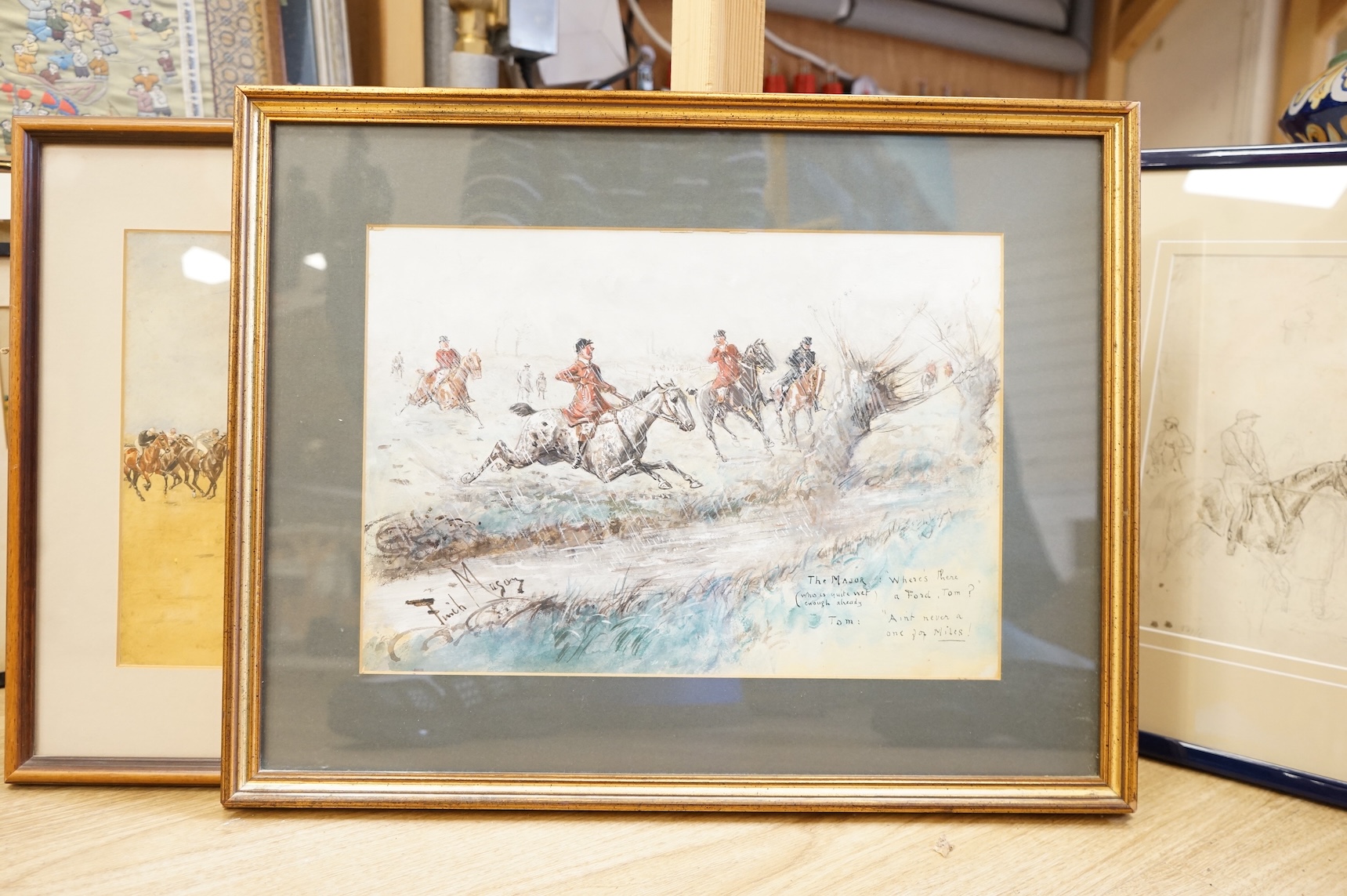 George Finch Mason (1850-1915), 'The Major', 'Where's there a ford, Tom?', heightened watercolour, signed, together with a pen and ink sketch by the same artist and an early 20th century watercolour, Liverpool Autumn Cup